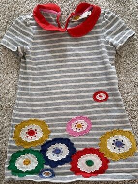 Mini Boden Gray & White Striped Dress with Red Collar and  Flower Appliqués